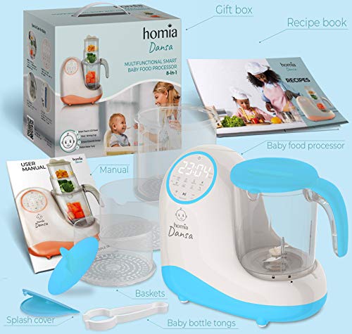 Baby Food Maker Chopper Grinder - Mills and Steamer 8 in 1 Processor for Toddlers - Steam, Blend, Chop, Disinfect, Clean, 20 Oz Tritan Stirring Cup, Touch Control Panel, Auto Shut-Off, 110V Only, Blue