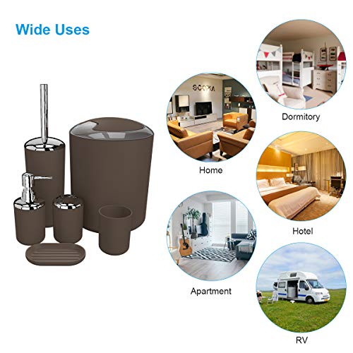 TEKITSFUN Brown Bathroom Accessories Set, 6 Pieces Plastic Gift Bath Accessory Set Luxury Ensemble Includes Toothbrush Holder,Toothbrush Cup,Soap Dispenser,Soap Dish,Toilet Brush Holder,Trash Can
