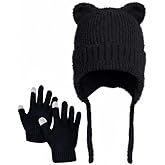 ZOORON Kids Winter Hat Glove Set for Boys and Girls, Cat Beanie with Warm Ear Flaps, Knit Skull Cap for Age 5-15 Years