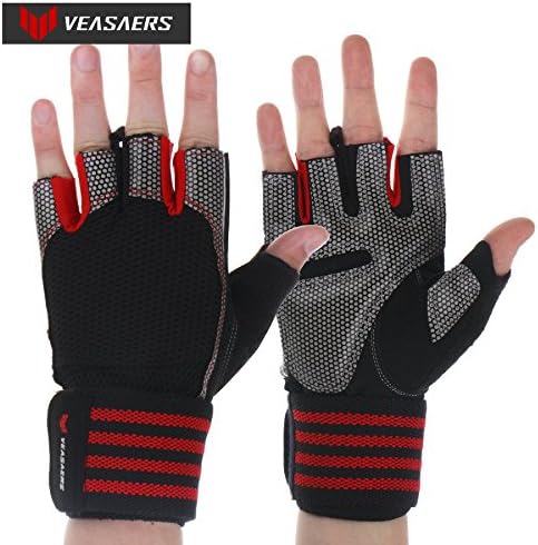 Exercise Gloves with Wrist Wraps, Padded Anti-Slip Gym Gloves for Weight Lifting, Crossfit, Gym Workout, Fitness, Bodybuilding, Wrist Support. Best for Men &amp; Women. (Red,Large)