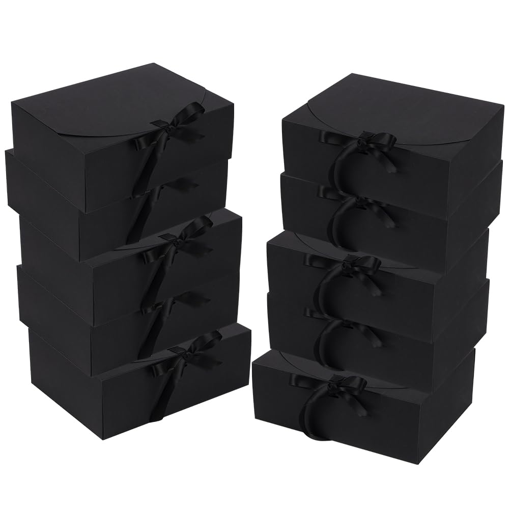 Photo 1 of 10 Pack Gift Boxes with Ribbon 10x7.5x3.5 Inch - Cardstock Wedding Favor Boxes for Bridesmaid Proposals, Birthday & Holiday Gift Packaging (Black)