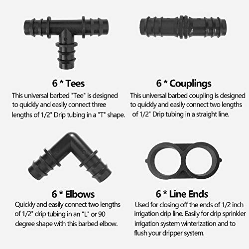 OUTFANDIA Drip Irrigation Kits Accessories 24pcs 1/2in Tubing, Tee/Coupling/Elbow/End Closure Barbed Connectors Compatible Rain Bird Sprinkler Systems, Ideal Garden, Flower Bed, Patio, LawnÂ 