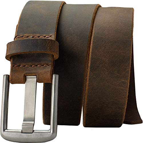 Titanium Wide Pin Distressed Leather Belt - Nickel Smart - Brown Full Grain Leather Belt with Nickel Free Titanium Buckle - 36