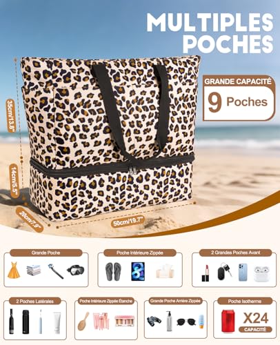 ISEYOU XXL Beach Bag, Large Women's Beach Bags with Removable Insulated Bag, Multi-Pocket, Foldable, Waterproof, Beach Bags with Zip for Swimming Pool, Travel, Holiday, Picnic, Gym, 49L
