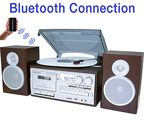 Boytone BT-28SPS, Bluetooth Classic Style Record Player Turntable with AM/FM Radio, Cassette Player, CD Player, 2 Separate Stereo Speakers, Record Vinyl, Radio, Cassette to MP3, SD Slot, USB, AUX