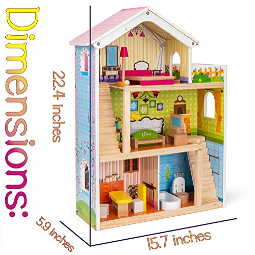 cossy Wooden Doll House with 12 Pieces of Furniture, 3 Levels House with 4 Rooms and Accessories - Thumbnail 5