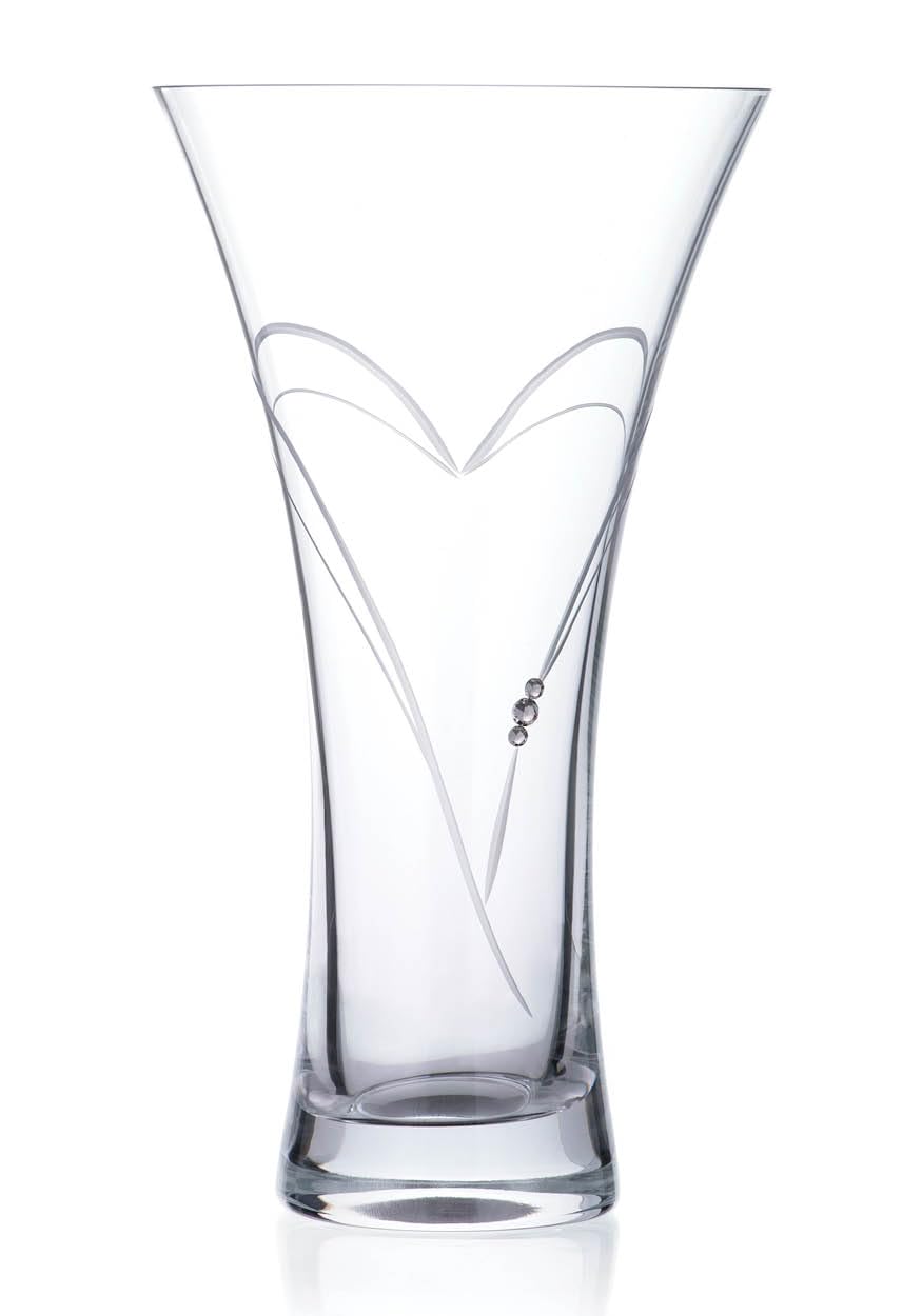 DIAMANTE Swarovski Trumpet Flared Crystal Vase "Hearts" - Hand Cut - 25cm