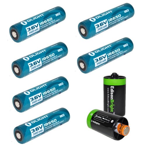 UPC 616641596118, 6 Pack Olight 3400mAh Protected 18650 Rechargeable Li-ion Batteries with 2 x EdisonBright AA to D type battery spacer/converters - Designed for M22 M21X M20S S20 M18 SR51 TM26 TM15 TM11 P12 SRT7 SRT6 P25 EC25 TK75 PD35 PD32 TK22 M21X BT20 i4 and other High Drain Devices