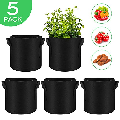 VEEAPE 5-Pack 10 Gallon Plant Grow Bags, Premium Series Thichkened Non-Woven Aeration Fabric Pots w/Handles – Reinforced Weight Capacity & Extremely Durable