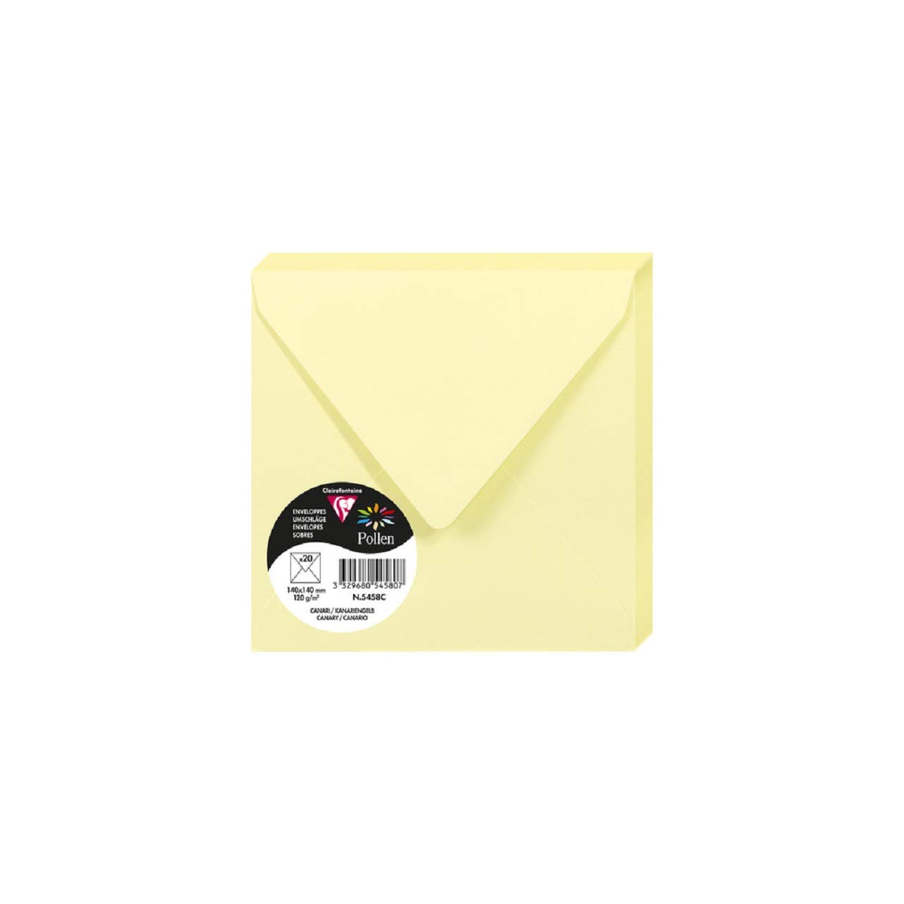 Clairefontaine 5458C Pack of 20 Gummed Envelopes Square Format 14x14cm 120g/m² Canary Colour Invitation Events Correspondence Pollen Range Premium Smooth Paper