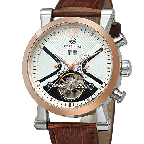 Forsining Men's Steampunk Automatic Tourbillon Calendar Brown Genuine Leather Wrist Watch FSG2371M3T2