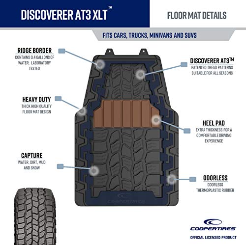 Cooper Tires Discoverer AT3ᵀᴹ All Weather Rubber Floor Mat, 4-Piece, Ridge Border Design, Trim-To-Fit, Heavy Duty, Waterproof, Fit For Most Cars, Trucks, SUVs and Vans (Black)