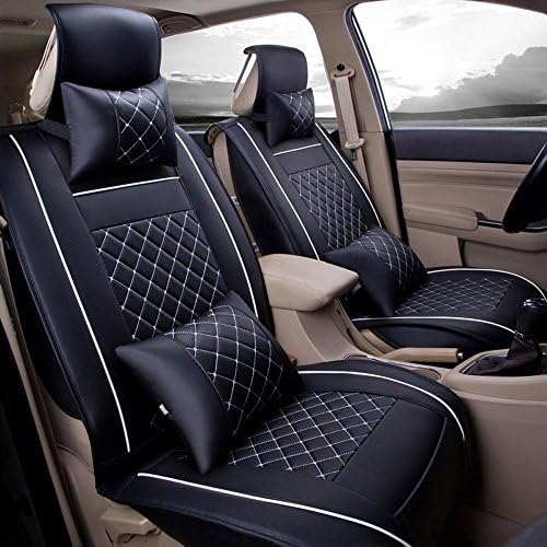 FRERA PU Leather Full Set Car Seat Cushions Universal Fit Car Seat Covers Front Rear Seats Cover for 5 Seats Car, Truck, Suv, Van, Easy to Clean, Four Seasons Use (L, Black&amp;White)