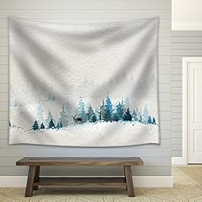 Winter Landscape with Fir Forests and Deer - Fabric Wall Tapestry Home Decor - 51x60 inches