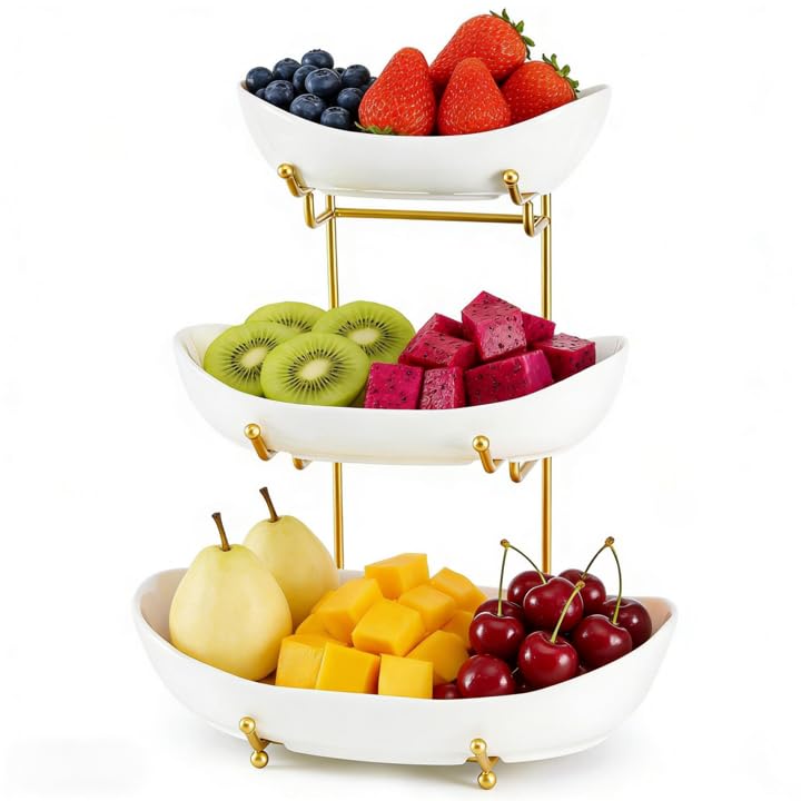 Photo 1 of HOMKULA Ceramic Fruit Bowl for Kitchen Counter - 3 Tier Fruit Basket with Metal Stand, Tiered Fruit Stand for Countertop, Snack, Nuts, Cake, Dessert, Cute (Gold, Large)