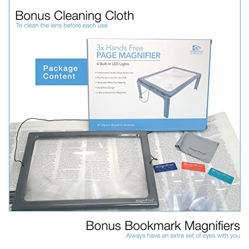 MagniPros 3X Large Full Page LED Lighted Magnifier Magnifying Glass with Upgraded Lens, Flip-Out Legs & 3 Bonus Bookmark Magnifiers Ideal for Reading and Low Vision Seniors