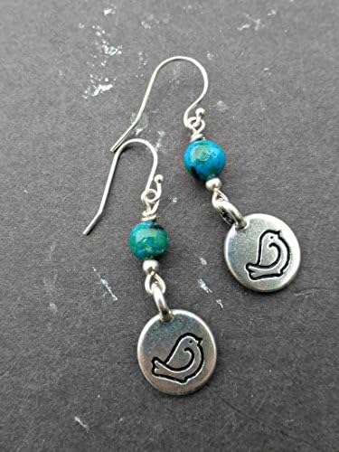 Bird sterling silver earrings. Bird charms and blue green stone. Small handmade jewellery, jewelry. Fashion, accessories, sterling silver ear wires.
