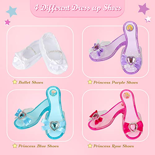Princess Dress Up Shoes and Jewelry Boutique,Girls Role Play Shoes with Princess Jewelry, 4 Play Shoes with Fashion Accessories of Tiara Crown Earrings and Bracelets for Girls Aged 3 4 5 6 Years Old