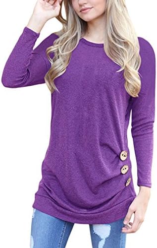 Loose Tops for Women for Juniors Casual Plus Size Long Sleeve Cotton,LANROON Comfy Crew Neck Blouse with Buttons,Purple 2XL