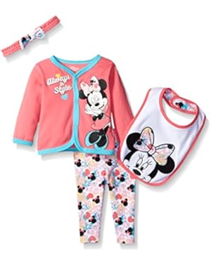 Baby Girls' Minnie Mouse 4-Piece Cardigan, Pant, Bib, and Headband Set