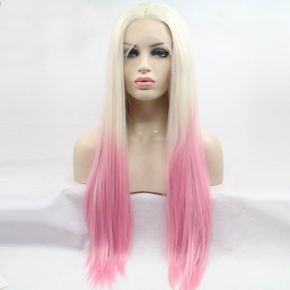 Xiweiya Synthetic Lace Front Wigs With Heat Resistant fiber Ombre blonde to pink wig peach red Wigs For Women Rosie Whiteley Hairstyle Pink Wig Girls 24 inch โ image 1