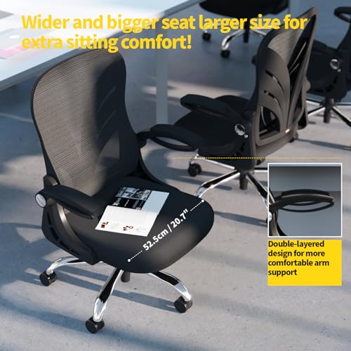 HOLLUDLE Ergonomic Office Chair with Foldable Backrest, Computer Desk Chair with Widened Seat(52 CM), Flip-up Armrests, Mesh Lumbar Support and Tilt Function, Black