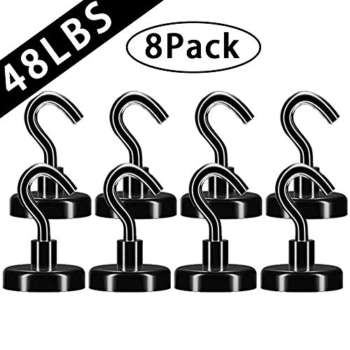 JANSANE Magnetic Hooks 48LB Heavy Duty for Cruise Cabins Refrigerator Locker Classroom Dia. 25mm Strong Neodymium Magnet Hooks Hangers for Hanging BBQ Grill Tools Keys Black 8 Pack