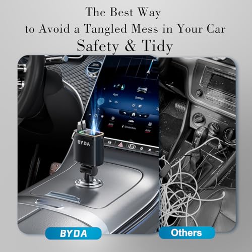 4 in 1 Retractable Car Charger for iPhone,69W USB-C Fast Car Charger with Starry Light, for Car Charger Adapter iPhone16/15/14/13/12,Android,Pixel,Cigarette Lighter Adapter(ForLightning+USB-C)