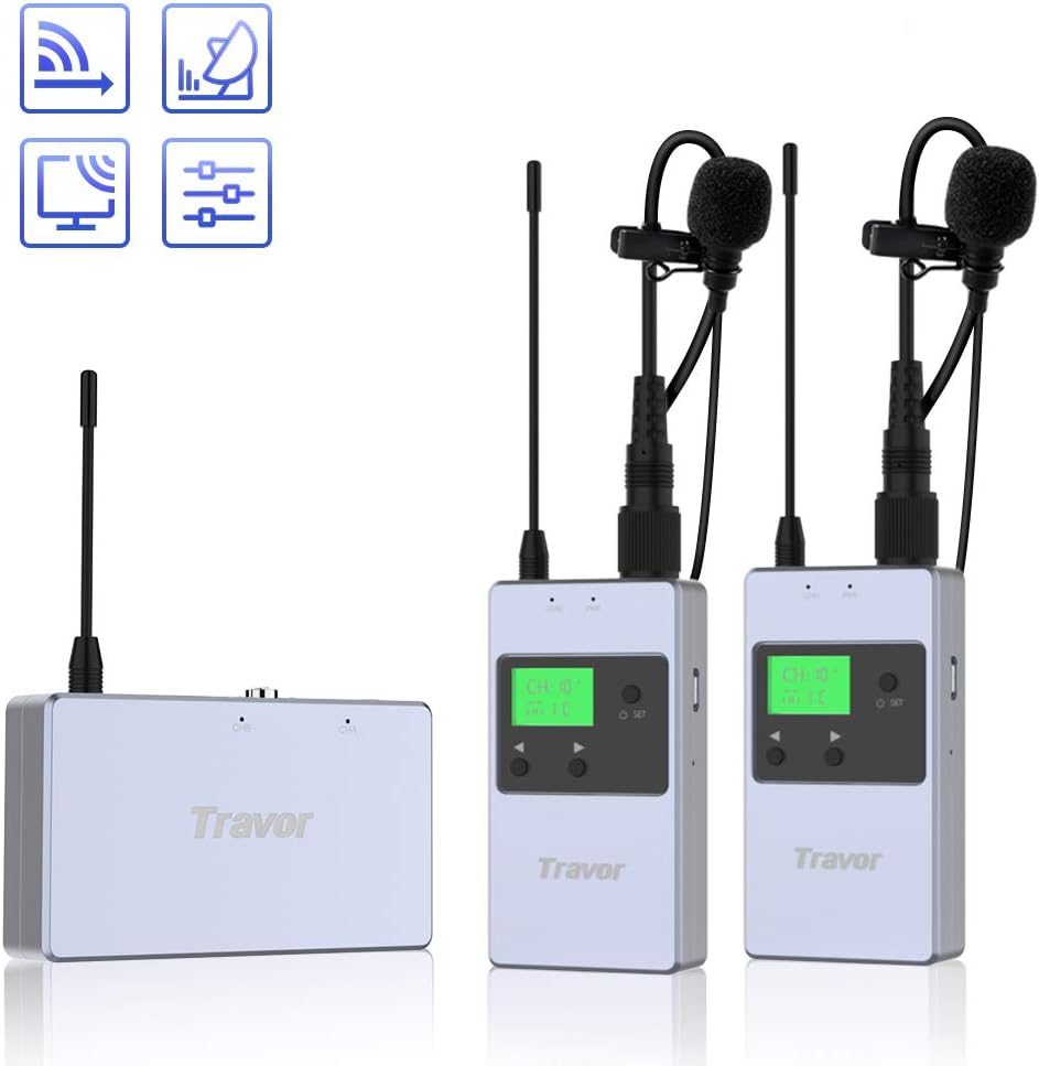 Wireless Lavalier Lapel Microphone System, Travor 50-Channel UHF Dual Wireless Lapel Mic 230ft Range for Phone, DSLR Camera, PA Speaker, YouTube, TIK Tok, Recording, Conference, Interview, Teaching