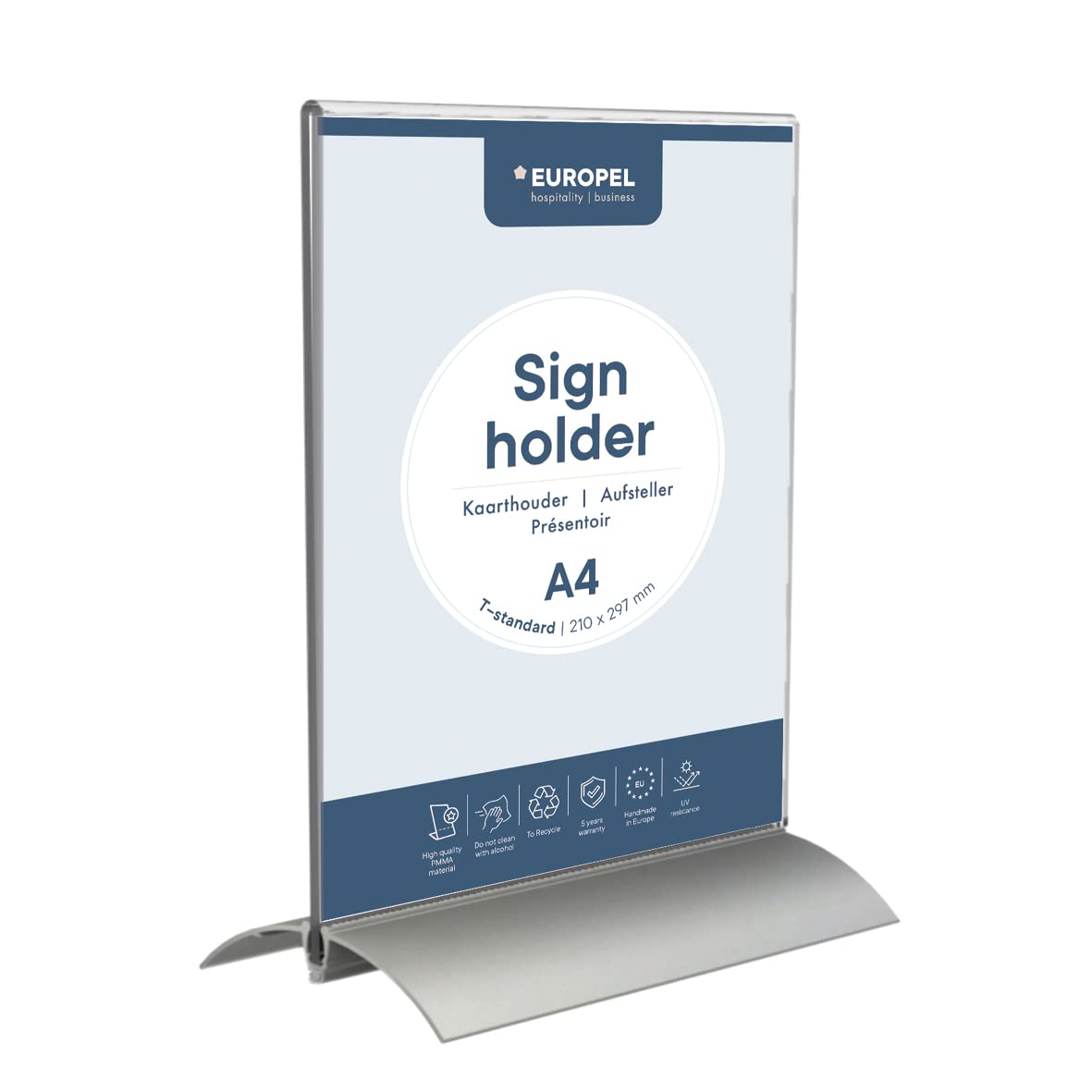 EUROPEL Sign Holder (T-Standard, A4 Size, Portrait) – Clear Acrylic Construction – Double Sided Poster, Menu & Leaflet Display Holder with Aluminium Base – Free-Standing Design