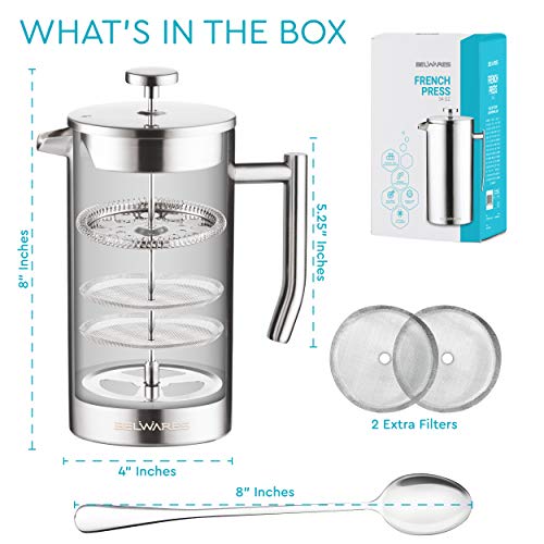 Belwares French Press Coffee Maker Double Wall 304 Stainless Steel