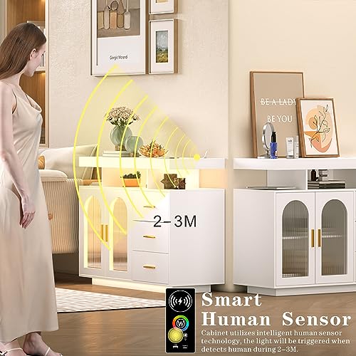 Dystler Sideboard Buffet Cabinet with Storage, 3 Drawers & 2 Doors, Auto-Sensor 20 Color Lights Console Table with Charging Station,Touch Control Console Coffee Bar Table for Kitchen, Dinning (White)
