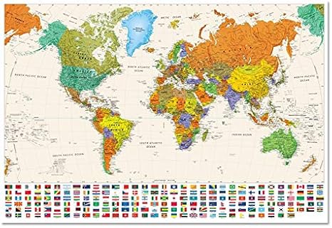 カラフルな世界地図と国旗ポスターサイズの壁の装飾世界の Amazon