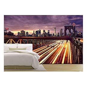 Night Car Traffic on Brooklyn Bridge in New York City - Removable Wall Mural | Self-Adhesive Large Wallpaper - 66x96 inches