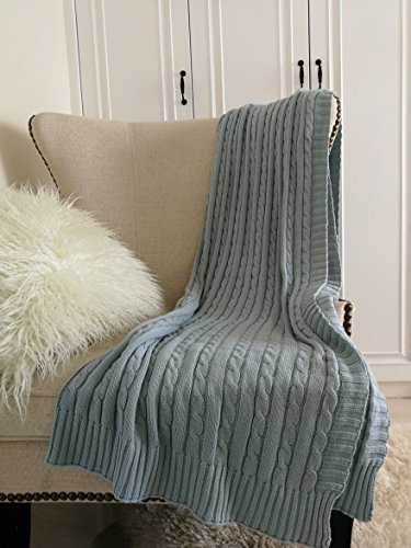 DOKOT Twist Cable Knitting Pattern 100% Cotton Sweater Knitted Throw Blanket All Season Couch, Sofa, Chair, Bed Cover (Blue)