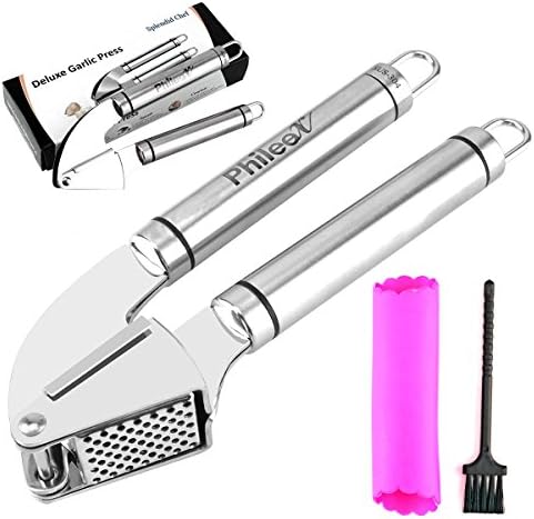 Phileex Garlic Press Stainless Steel and Peeler Set, Handy Chopper, Mincer and Silicone Tube Roller, Easy Clean Brush, Cast Aluminum