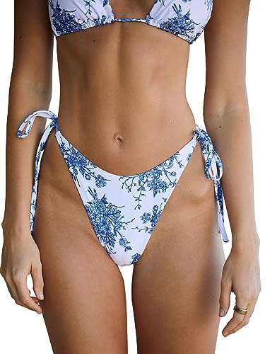 Photo 1 of BERLOOK Blue Floral Tie Side High Cut Leg Adjustable Plus Size Bikini Bottom