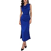 WOMLAYOUT Women's Satin Dress Cocktail Cowl Neck Ruched Sleeveless Maxi Evening Dress