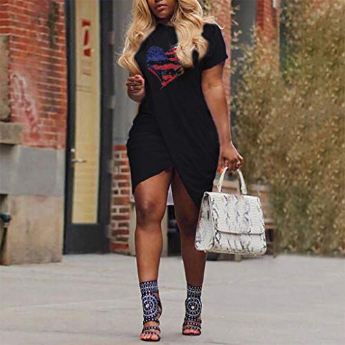 SMALLE◕‿◕ 2019 Women Mini Dress,Love Heart USA Flag Print Short Sleeve Cross Split Mini Dress-‘Independence Day’ Line Black - Thumbnail 2