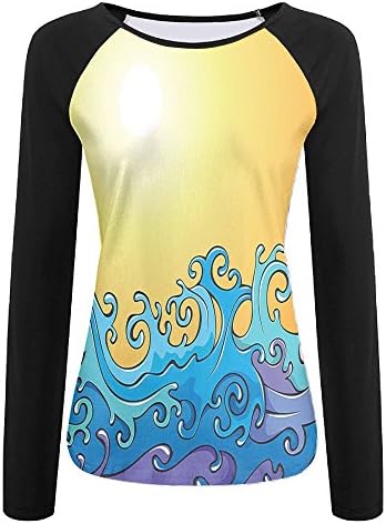 Weiding Trippy Swirling Sea Waves Splashes with Sun Rays in The Sky Cartoon Women's Stretchy Long Sleeve Raglan Tshirt L