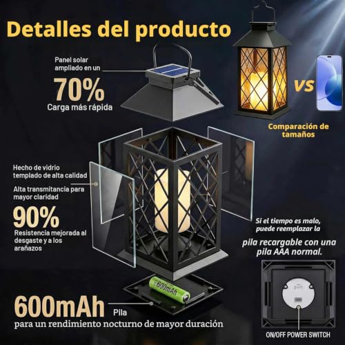Joycome Solar Lanterns Outdoor 2 Pieces Solar Lamp Outdoor Garden with Flashing Candle, Waterproof Terrace Decoration, Solar Lantern for Garden, Table, Terrace, Fence, Tomb and Gifts – Black