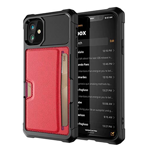 iPhone 11 2019 6.1 Case, Ranyi Slim Carbon Fiber Wallet Case with Credit Card Holder Slot Shock Absorbing Resilient TPU Rubber Defender Protective Case for Apple 2019 6.1 Inch iPhone 11 (red)