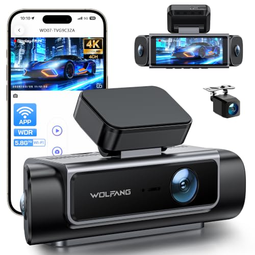WOLFANG 4K 4 Channel Dash Cam, 4K Front and 3 * 1080p Car Camera Left Right Rear with 610° Wide Angle, 24/7 Parking Mode, Built-in 5.8GHz WiFi, Dashcam with 3.39IPS, Super Night Vision
