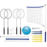 Franklin Sports Volleyball and Badminton Set - Volleyball, Pump, Badminton Rackets, Birdies, Net, and Adjustable Polls - Beach or Backyard Combo Set Games