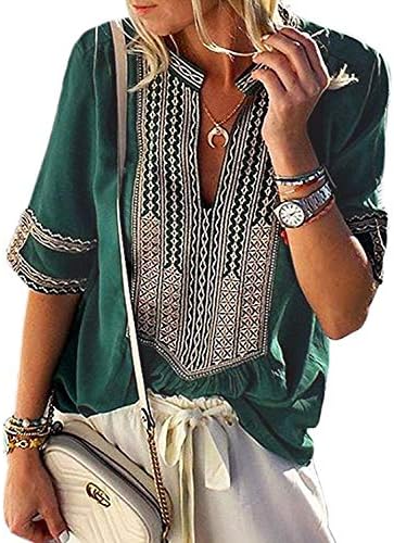 Mansy Women's Summer V Neck Boho Print Embroidered Shirts Short Sleeve Casual Tops Blouse