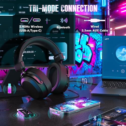 ATTACK SHARK L30PRO Wireless Gaming Headset, 7.1 Surround Sound, EQ Modes, 50mm Drivers, Tri-Mode Connectivity, 1100mAh Battery, Over-Ear Headset with Detachable Noise-Cancelling Mic for PC -Black