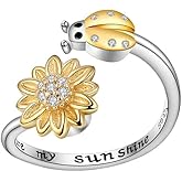 Sunflower Ladybug Fidget Anxiety Ring for Women You Are My Sunshine Silver Plated Spinning Spinner Stress Relief Open Adjustable Stacking Band Daisy Cubic Zirconia Jewelry Gift Birthday Daughter