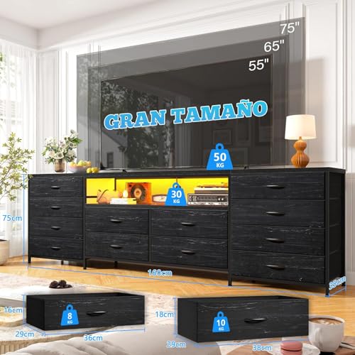 WELIKERA 160cm Mueble para TV con Cómoda, Extra Grande Muebles Tipo Tocador para Dormitorio con Luces LED y Tomas de Corriente, Tejido Largo Centro de Entretenimiento para TV con 12 Cajones