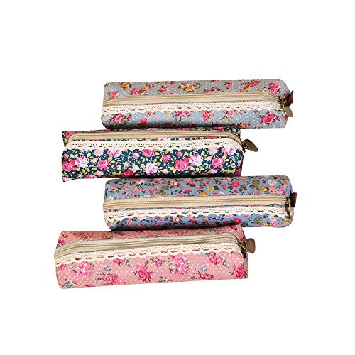 Fashion Set of 4 Cute Sweety Flower Floral 7 Inch Canvas Pen Pencil Bag Case Stationery Holder Cover Pouch Bag, School Office Accessories for Students Teens Boys and Girls