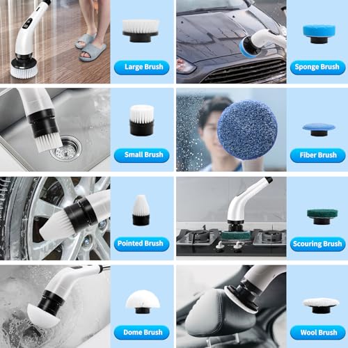 SINZUX Electric Spin Scrubber, Electric Cleaning Brush with 8 Replaceable Brush Heads, Electric Scrubbing Brush with LED Display and Adjustable Extension Handle for Bathroom Kitchen Car